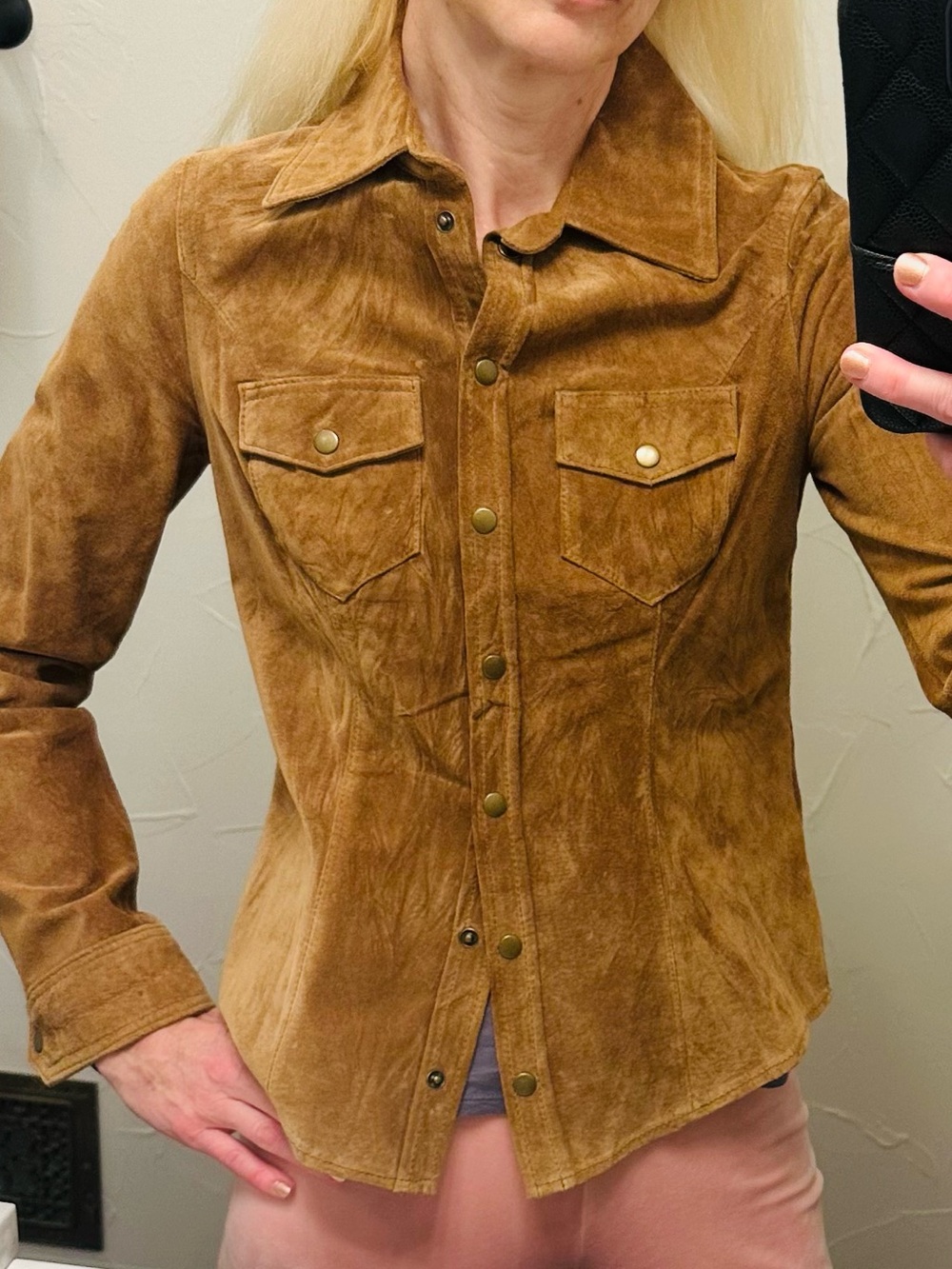 100% leather Suede Snap-Front Shirt Tan 0